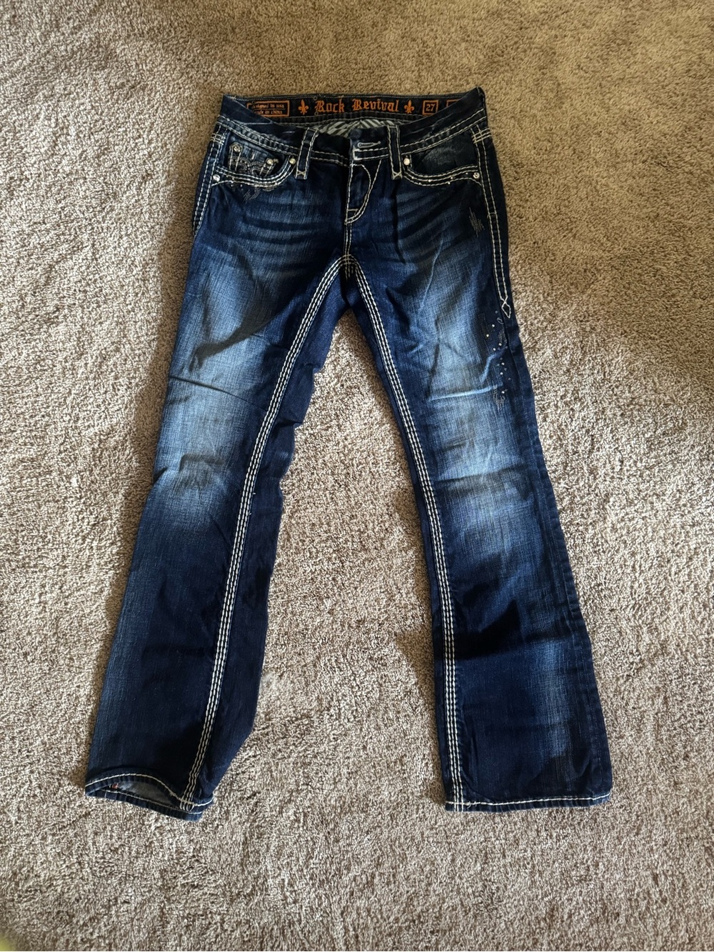 Rock Revival Dark Blue Flare Jeans with Contrast Stitching